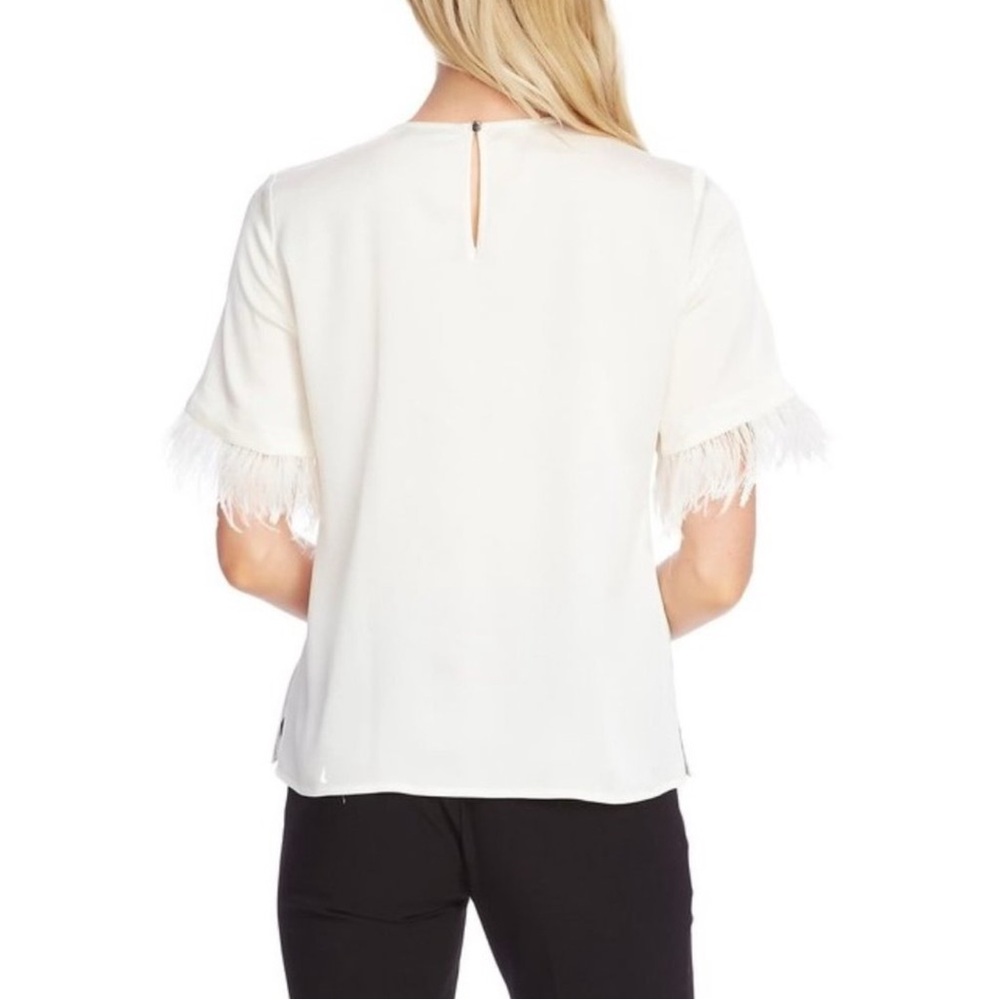 Vince Camuto Cream white feather Fringe short Sleeve Blouse top satin Small - Picture 4 of 8